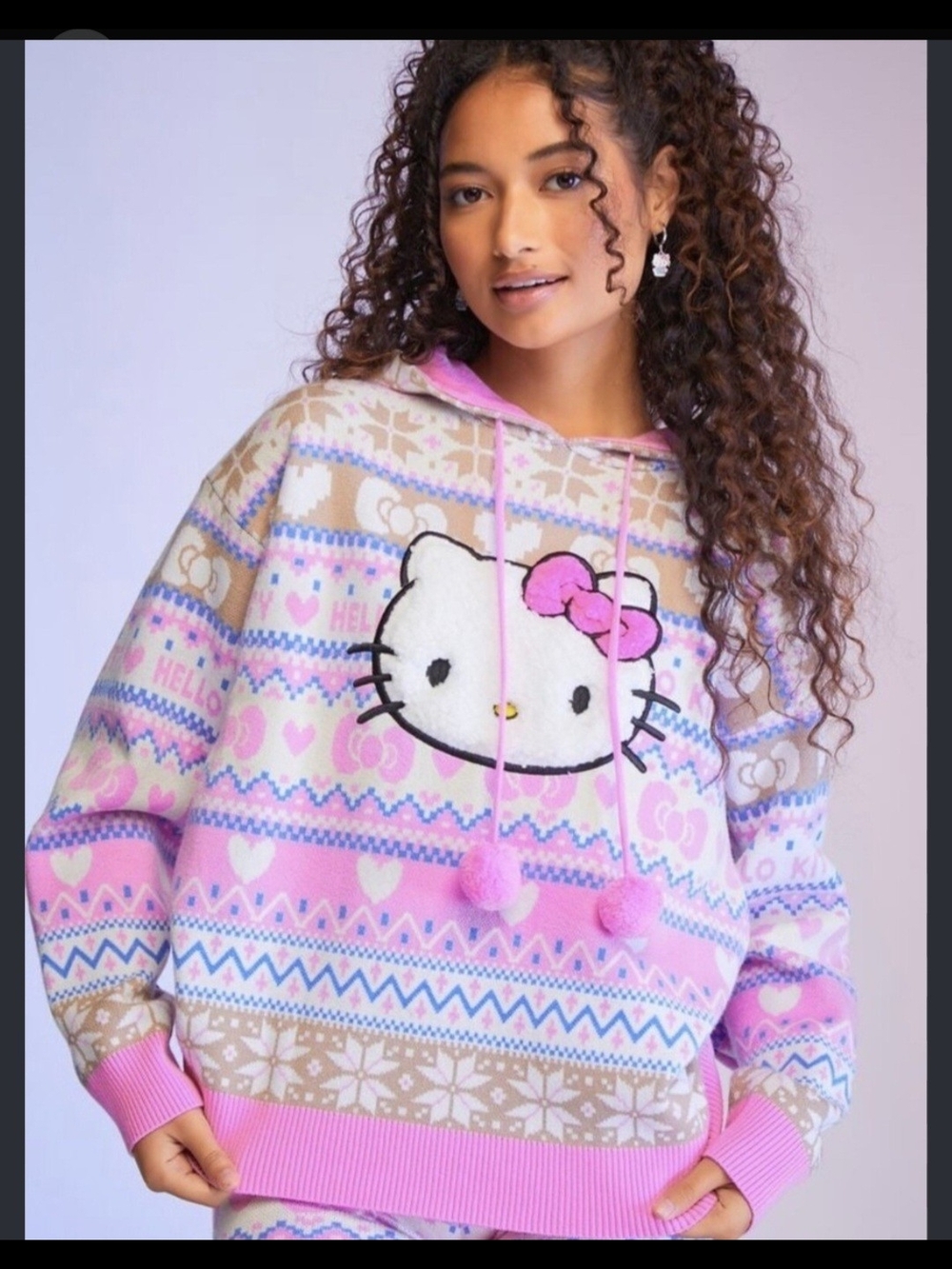 Forever 21 Hello Kitty Pink Fair Isle Pom-Pom Hoodie Sweater NWT Small